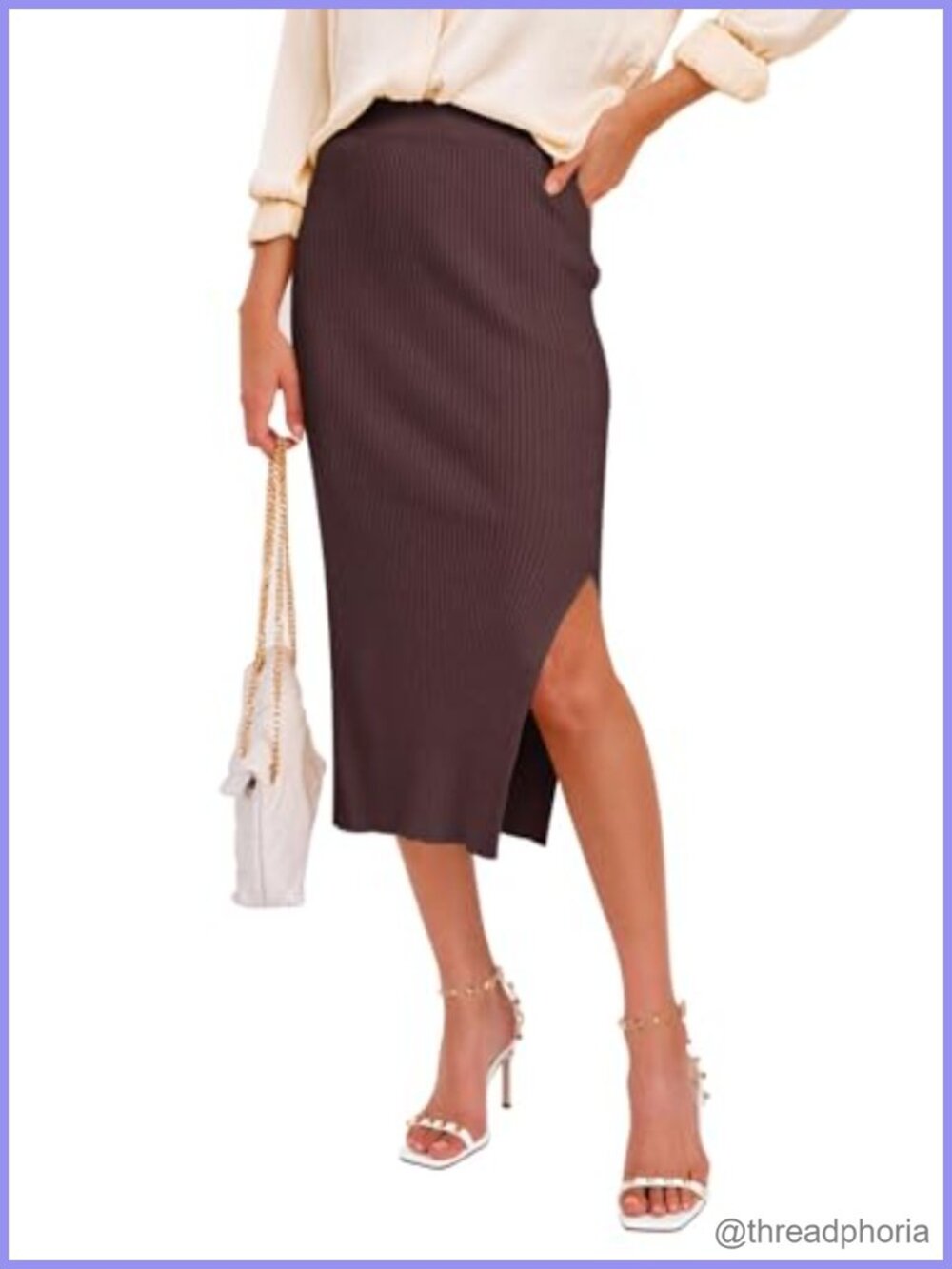 Ribbed Knit Midi Pencil Skirt Stretchy Split Side Bodycon